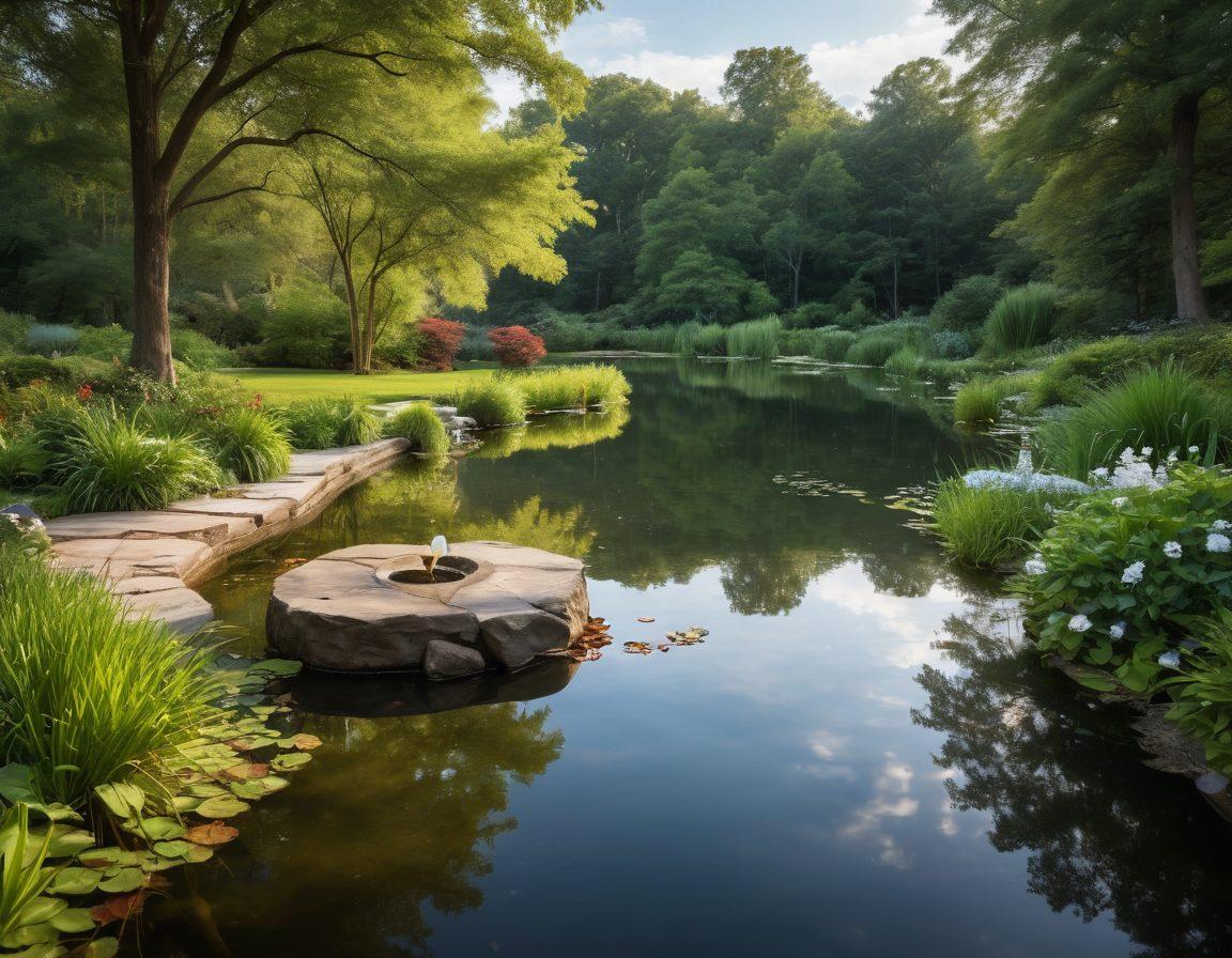 A serene landscape depicting a balanced scale symbolizing equity, floating above a tranquil pond reflecting a calm sky. On one side of the scale, diverse hands reaching towards each other, showcasing unity and support, while the other side features a heart symbolizing equanimity. Soft light illuminating the scene enhances the peaceful vibe, surrounded by lush greenery. super-realistic. vibrant colors. tranquil atmosphere.