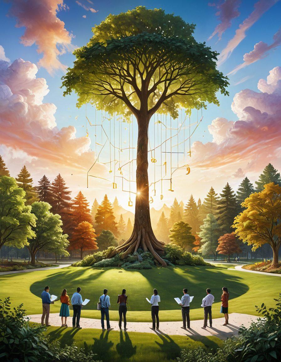 A harmonious landscape featuring a diverse group of people from various backgrounds collaborating around giant mathematical equations symbolizing equality and fairness. The scene should convey a sense of unity and balance, with beams of light illuminating the equations. Include abstract representations of equity scales and peaceful nature elements in the background. vibrant colors. super-realistic.