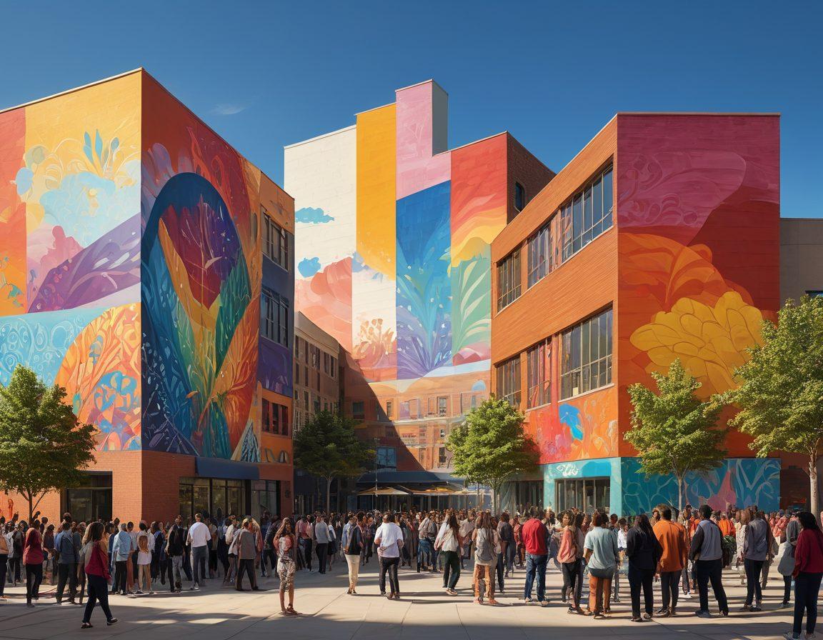 A harmonious cityscape featuring diverse individuals engaging in proactive discussions about justice and equity. The foreground shows a colorful mural depicting scales symbolizing balance and fairness, with various cultural symbols intertwined. The background showcases architectural elements symbolizing inclusivity and community, such as open public spaces and gathering areas. The sky is bright and filled with warm sunlight, suggesting hope and positive change. super-realistic. vibrant colors. balanced composition.